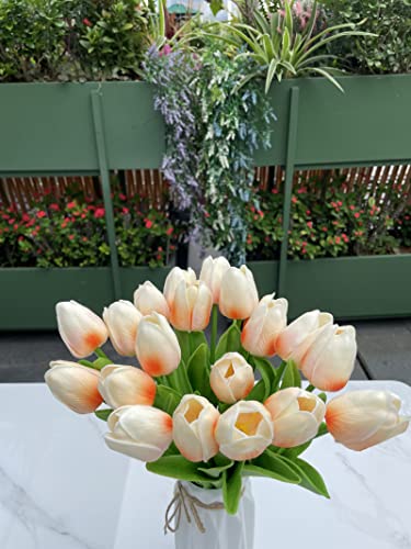 OPDENK 20 tulipanes artificiales de poliuretano de tacto real, ramo de tulipanes falsos para boda, fiesta, Pascua, hogar, comedor, oficina, decoración (champán claro)