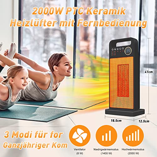 Verwarmingsventilator met afstandsbediening, energiebesparend, stil, 2000 W, keramische ventilatorkachel, badkamer, snelverwarming met oscillatie, timing, omvalbeveiliging, oververhittingsbeveiliging, 2 verwarmingsniveaus, verwarming voor thuis en op kantoor - Afbeelding 3