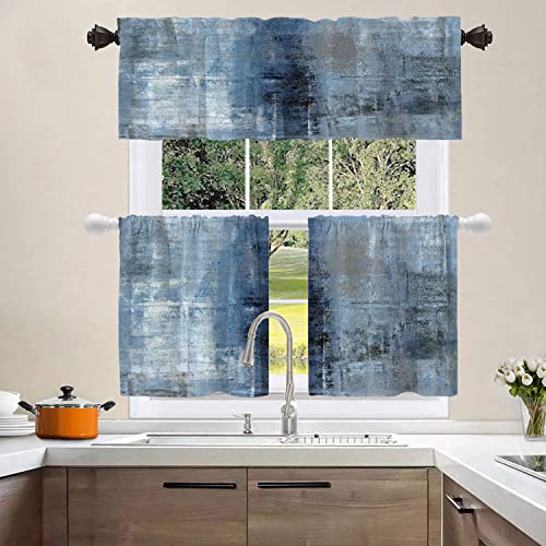 Shrahala Blue Grey Abstract Art Kitchen Valances, Abstract Hand Painted Brown Half Window Curtain Window Treatment Multilayer Polyester Blackout For Living Room Bathroom 2 Pack 52 X 18 In #TOP1