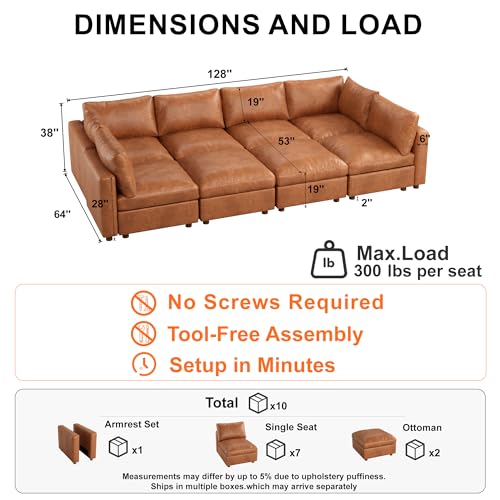 Image of 128'' Faux Leather Modular Sectional Sofa Bed Sleeper with Storage, Oversized Mid Century Modern Leather Sectional Couche for Living Room, 6 Seater Deep Seat Couch with 2 Storage Ottoman, Camel