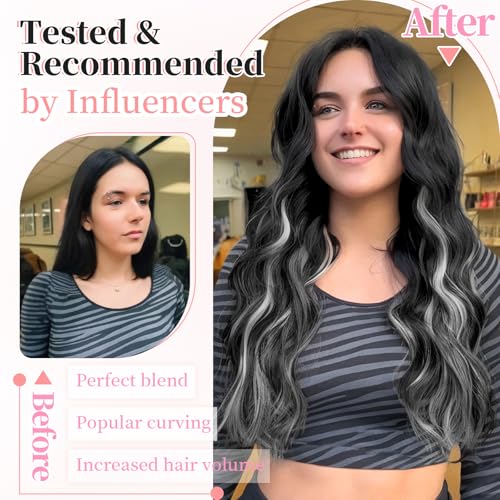 Image of KooKaStyle Clip in Hair Extensions Long Wavy 4PCS Thick Hairpieces Synthetic Highlight Hair Extensions Black and White Mix Fiber Double Weft Natural 20Inch for Women