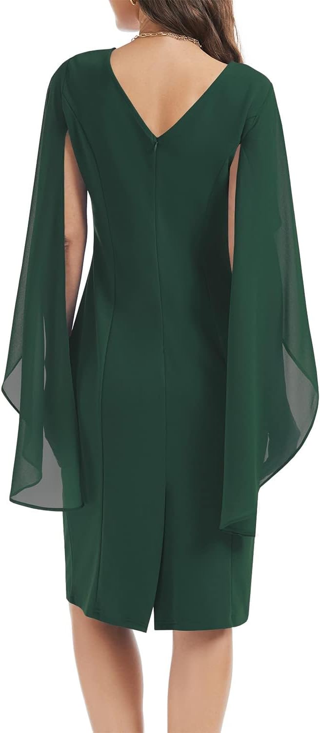 HELYO Women's Chiffon Cloak Sleeve Mini Cape Dress V-Back Semi-Formal Elegant Bodycon Wedding Guest Evening Cocktail Dresses - Image 2