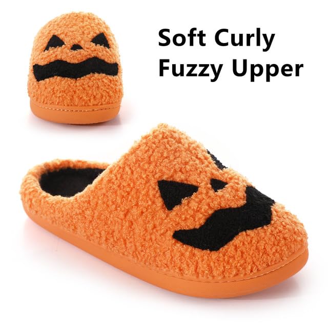 Feionusin Halloween Pumpkin Slippers for Womens Mens Plush Warm Spooky Lantern Pumpkin Slippers Fuzzy Cozy Winter House Bedroom Slippers Halloween Gifts4