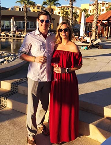 Image of Sarin Mathews Womens Off The Shoulder Ruffle Party Dress Casual Side Split Beach Long Maxi Dresses with Pockets