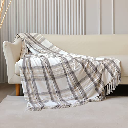 Snugtown Taupe Grey And White Plaid Decor Tartan Blanket, Lightweight Soft Chenille Striped Knitted Rustic Farmhouse Throw With Tassels For Couch Sofa Chair Bed Office Home thumb #1