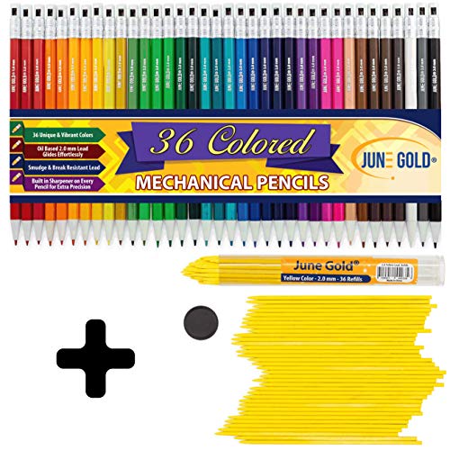 June Gold 36 Assorted Colored 2.0 mm Mechanical Pencils, 36 Unique Colors and 36 Yellow Lead Refills