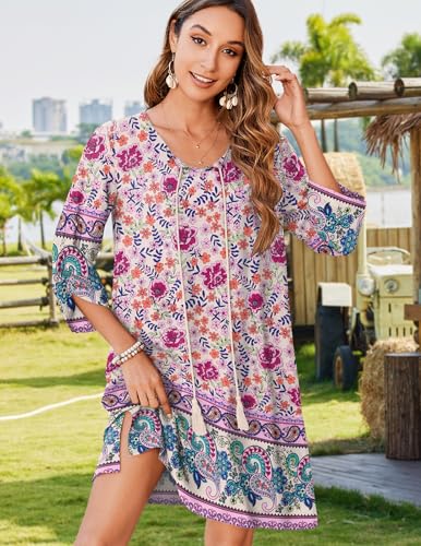 Image of Zeagoo Womens Boho Dresses Casual Beach Summer Dress Tassel Tie Neck 3 /4 Long Sleeve Mini Sundress 2025 Floral Print Cover Up