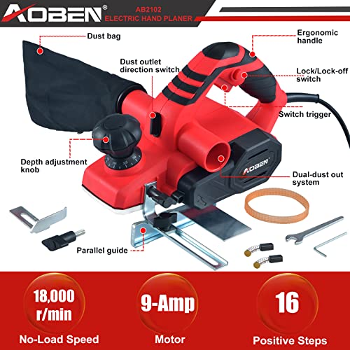 AOBEN 9Amp Electric Hand Planer, 31/4Inch 18000RPM Wood Planer for