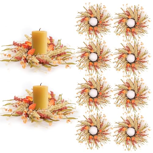 Image of 8 Pcs Fall Candle Rings 9 inch Thanksgiving Autumn Wreaths with Flowers for Tables Artificial Farmhouse Candle Rings Wreath for Front Door Porch Wall Window Decorations