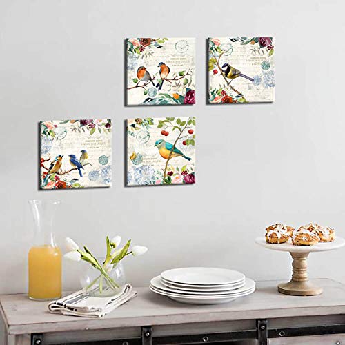 Canvas Wall Art For Bedroom Bathroom Decor Framed Wall Decoration Bird In Green Leaf Red Flower Modern Print Picture Artwork Garden Themed Ready To Hang For Kitchen Wall Decor Size 14X14 Each Panel #TOP7
