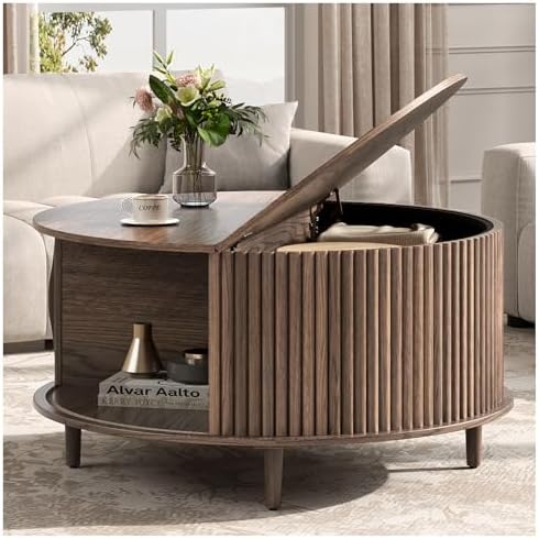 JOINICE,Round Coffee Table with Storage, 31.5" Fluted Center Tabl...