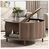 JOINICE,Round Coffee Table with Storage, 31.5' Fluted Center Table for Living Room, Modern Walnut Wood Circle Drum Table with Sliding Cabinet Door, Mid Century Furniture for Small Space