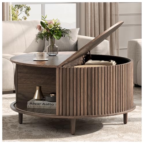 JOINICE,Round Coffee Table with Storage, 31.5" Fluted Center Table for
