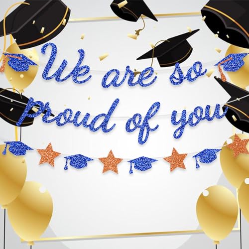 Image of We Are So Proud Of You Banner Graduation Party Decorations Glitter Congratulations Class Grad Ideas Blue Grad Oragne
