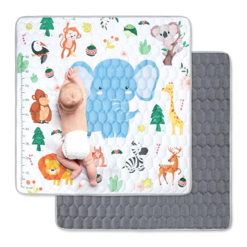 Funsland Krabbelteppich für Baby, Rutschfeste Baby Spielmatte Schadstofffrei 127x127cm, Baumwolle Tier Krabbelmatte Baby Faltbar mit Einem Höhenlineal, Kinder Spielmatte für Innen/Außen/Zaun