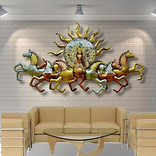 Image of pranjals house Metal Handpainted Rustic Iron Wall Hanging of 7 Horse LED Lights Art Sculpture for Home Office Wall Decor /Wall Hanging (46 x 27 Inches)
