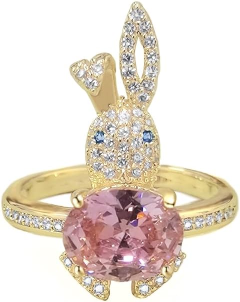 DtjaCZ Rabbit Animal Statement Ring for Women Gold Plated Adjustable Pink Rhinestone Crystal Pet Open Band Finger Rings Comfort Fit Fashion Cute Birthday Holiday Christmas Jewelry Gift Size 8-10