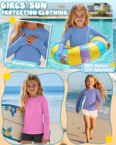 Image of 3 Pack Girls Rash Guard Swim Shirts 5-14Y UV Sun Protection Long Sleeve Thumb Hole Quick Dry T-Shirts UPF 50+ Tees