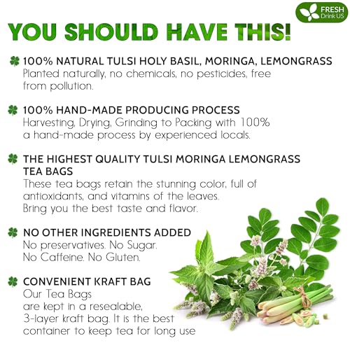 Image of FreshDrinkUS, Premium 55 Tea Bags Tulsi Moringa Lemongrass, 100% Natural & Pure from Tulsi Holy Basil Leaves, Moringa & Lemongrass. Made with Natural Material Tea Bags. No Sugar, No Caffeine, Vegan.