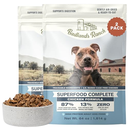 Image of BADLANDS RANCH Air-Dried Chicken Dog Food, 87% Real Meat, 64 oz, 2-Pack | Includes organs & salmon; kibble topper or alternative; adult & senior dogs; no corn, wheat, soy or fillers