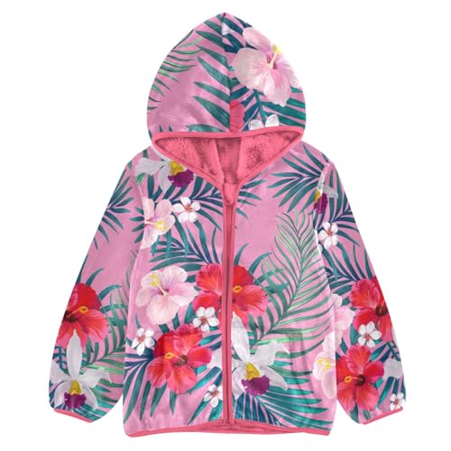 OTVEE Palm Leaves and Hibiscus Flowers Kids Hoodie Jacket Fall Spring Full Zip Warm Outwear Coat