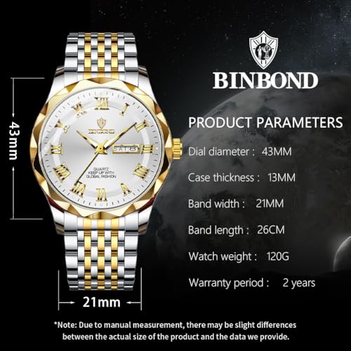 Image of BINBOND Men's Watch Luxury Business Dress Analog Quartz Stainless Steel Casual Date Wrist Watches for Men Easy Read Roman Numeral Large Dial Waterproof Luminous