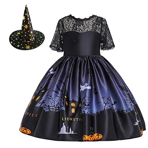 Disfraz para niñas Halloween con vestido y sombrero de bruja miniatura 1