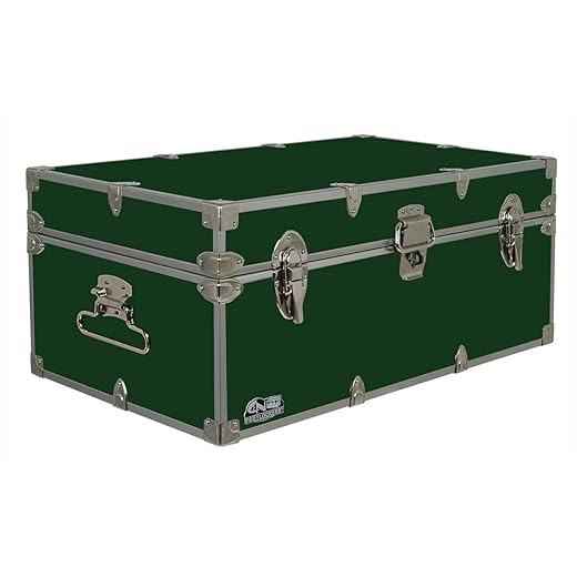 C&N Footlockers Happy Camper Storage Trunk - Summer Camp Chest - Durable with Lid Stay - 32 x 18 x 13.5 Inches (Dark Green)