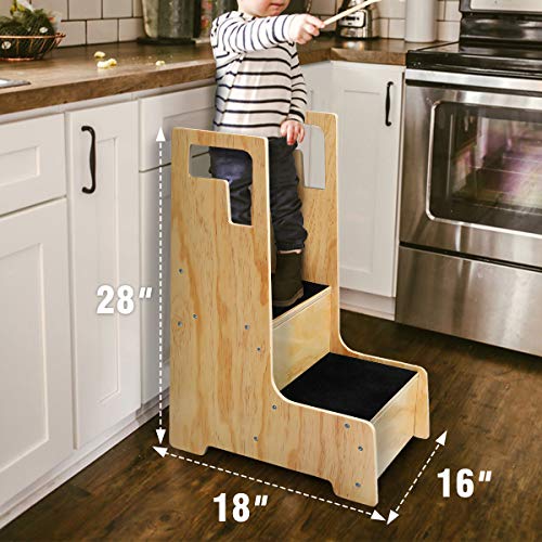 KINGSO Kitchen Helper Stool for Kids, Toddler Step Stool, Wood Step Stool with Support Handles and Non-Slip Mat, Two Step Counter Height Kids Step Stool, Natural