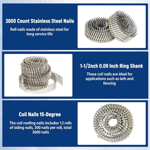 Image of 3600 Count Stainless Steel Coil Nails 15-Degree Collated Wire Coil Nails 1-1 /2 Inch, 0.09 Inch Ring Shank `