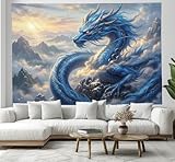 Appeso a Parete Decoración Casa Dragón Majestuoso - 200x150 cm,Tapiz de Pared En La Cima La Montaña Envuelta En Nubes Colgar en la Pared Tela Tapices Decorativo para Habitacion Dormitorio Salon, Azul