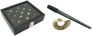 Glass Lid Jewelry Case w/Ring Insert & Ring Mandrel w/Finger Gauge Kit 4 Pcs