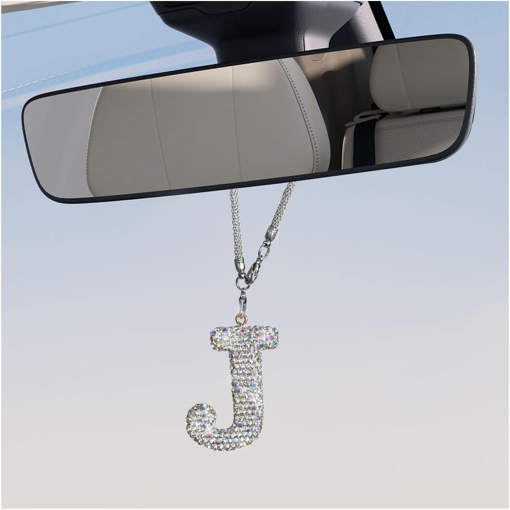 Bling Initial Car Rear View Mirror Ornament, Crystal Cute Letter Pendant Lucky Rearview Hanger, Automotive Mirror Hanging Accessories Interior Decoration for Women Girls (Letter J)