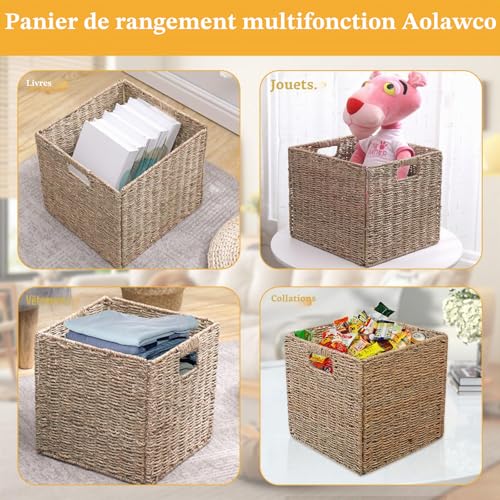 Aolawco Kallax Lot de 4 paniers de rangement tressés pliables en osier pour le rangement - 28 x 28 x 28 cm - Panier de rangement stable avec poignées de transport pour étagères, garde-manger, salle de – vue 5