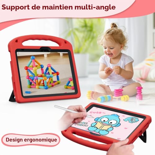 Coque iPad A16 2025 protège écran enfant pour dessiner et voyager en rouge - 4