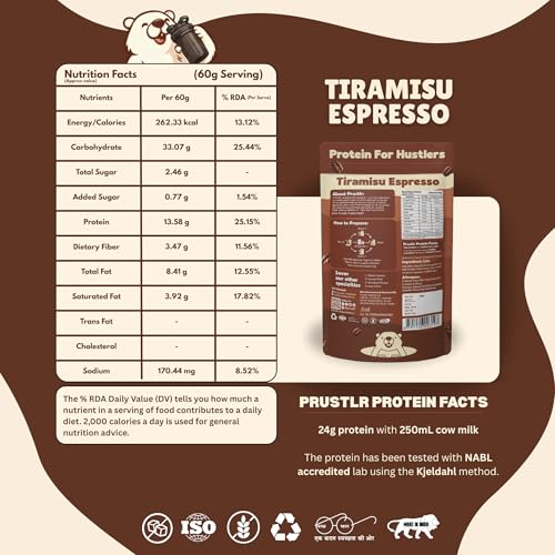 Image of Prustlr Protein Oats - Tiramisu Espresso 60g | 24g Protein per Serve (with added Milk) | Sweetened with Monk Fruit | Gluten-Free & Guilt-Free | No Added Preservatives | Use as Instant or Overnight Oats