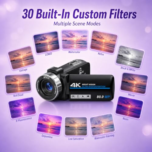 Image of 4K HD 80MP Camcorder Video Camera Vlogging Camera for YouTube | IR Night Vision 18X Digital Zoom 3.0 IPS Screen Video Recorder with 32GB SD Card, 2 Batteries, Remote Control, and Stabilizer