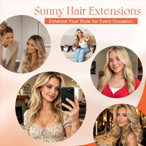 Image of Sunny Hair Clip in Hair Extensions Real Human Hair Brown Ombre 20 Inch | Remy Hair Extensions Clip in Human Hair Light Brown Ombre Balayage Platinum Blonde, Lightweight Movement for Date Night 85g