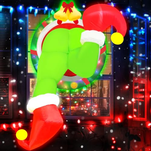 4FT Christmas Inflatable Outdoor Decorations Wreath Green Monster Grinches Leg Broke Out from Window with Built-in LED Rotating Lights Blow Up Inflatable for Holiday Indoor Yard Lawn Garden Xmas Decor - Image 2