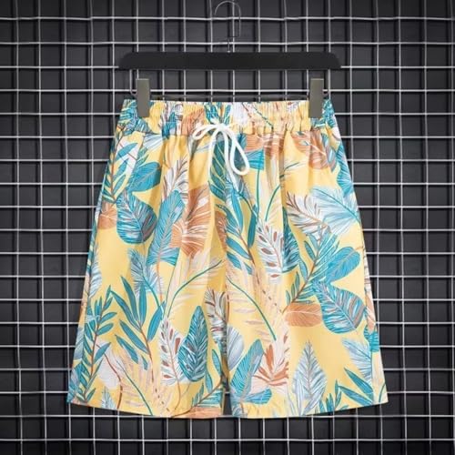 Sinzelimin Men's Beach Casual Shorts Hawaiian Print Swim Trunks Lace up Elastic Waist Loose Comfy Knee Length Crop 5'' Pants2