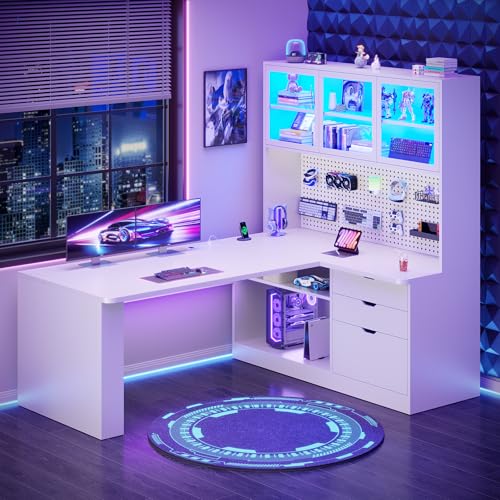 Image of SEDETA L Shaped Corner Gaming Desk with 3 Wood Drawer and Large Bookshelf
