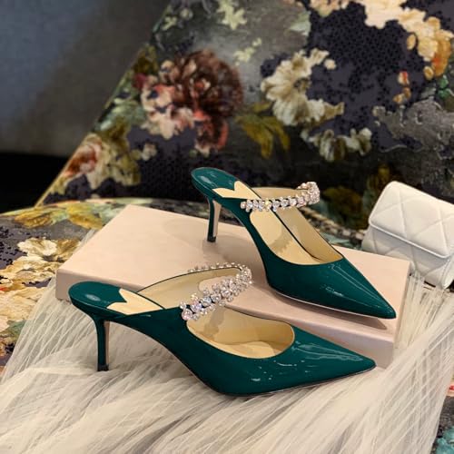 Image of XINIUNIU Heeled Mules for Women Rhinestone Heels Pointed Toe Slip On 2.5 Inch Kitten Stiletto Closed Toe Sandals Dress Wedding Pump Shoes