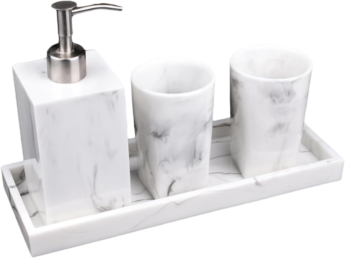PRETYZOOM Nordic Marble Pattern Bathroom Accessory Set – 4-Piece Resin Washroom Organizer with Soap Dispenser Toothbrush Holder Tumbler and Tray – for Hotel and Home Decor