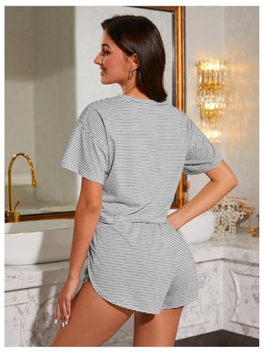 Image of OYOANGLE 2 Pack Pajama for Woman Set Summer Cute PJ Sets Striped Short Sleeve Tshirt and Split Shorts Lounge Set