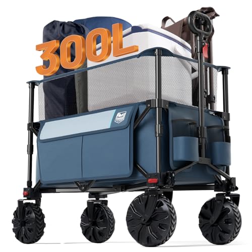 Image of Timber Ridge Foldable Wagon 350L Extendable Height, Large Capasity Collapsible Wagon Cart with All Terrians Detachable Wheels, Compact Folding Utility Wagon for Camping, Fishing, Shopping Navy