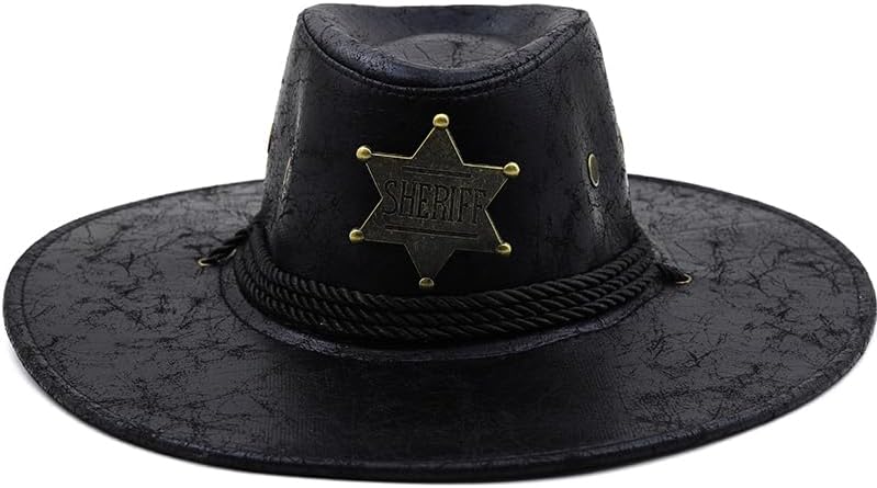 GenericSimple Male Leather Jazz Hat Adult Fedoras Hat Male PU Fedoras Cap Men's 8.5CM Wide Brim Leather Cowboyys Hat (01black, 56-58CM Adjustable)