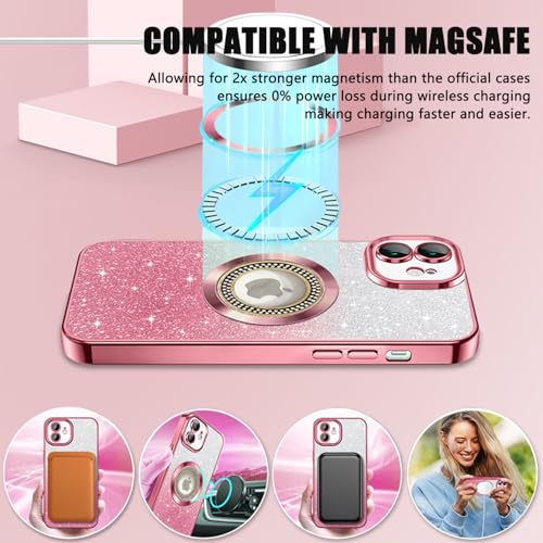 Image of Misscase for iPhone 11 Magnetic Glitter Case Compatible with MagSafe,Full Protection Slim Shockproof Anti-Scratch Case with Camera Lens Protector Logo View Dust-Proof Net for Women Pink