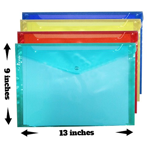 Document File Folders With Snap Button, Premium Quality Pack Of 6 Assorted Colors Plastic Envelopes- Red, Yellow, Green, Blue, Purple, Orange, And White. By Mega Stationers #TOP1