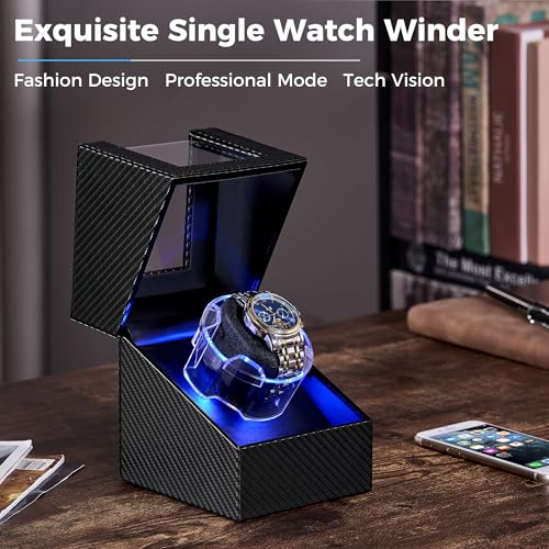 Image of ANWBROAD Watch Winder for Automatic Watches, 4 Modes Single Automatic Watch Winder box with LED Crystal Design, Rotating Watch Case with Super Quiet Motor with Type-C Adapter,UJWW006C