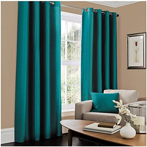 GC GAVENO CAVAILIA Faux Silk Eyelet Curtains For Living Room, 100% Polyester Ring Top Fully Lined Drapes, Teal, 90x90 Inch